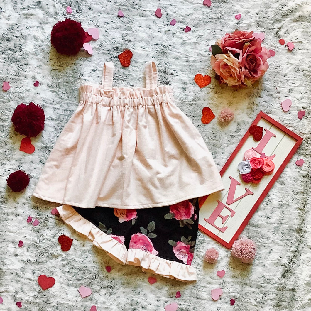 Viola pajama ruffled shorts set - pink roses